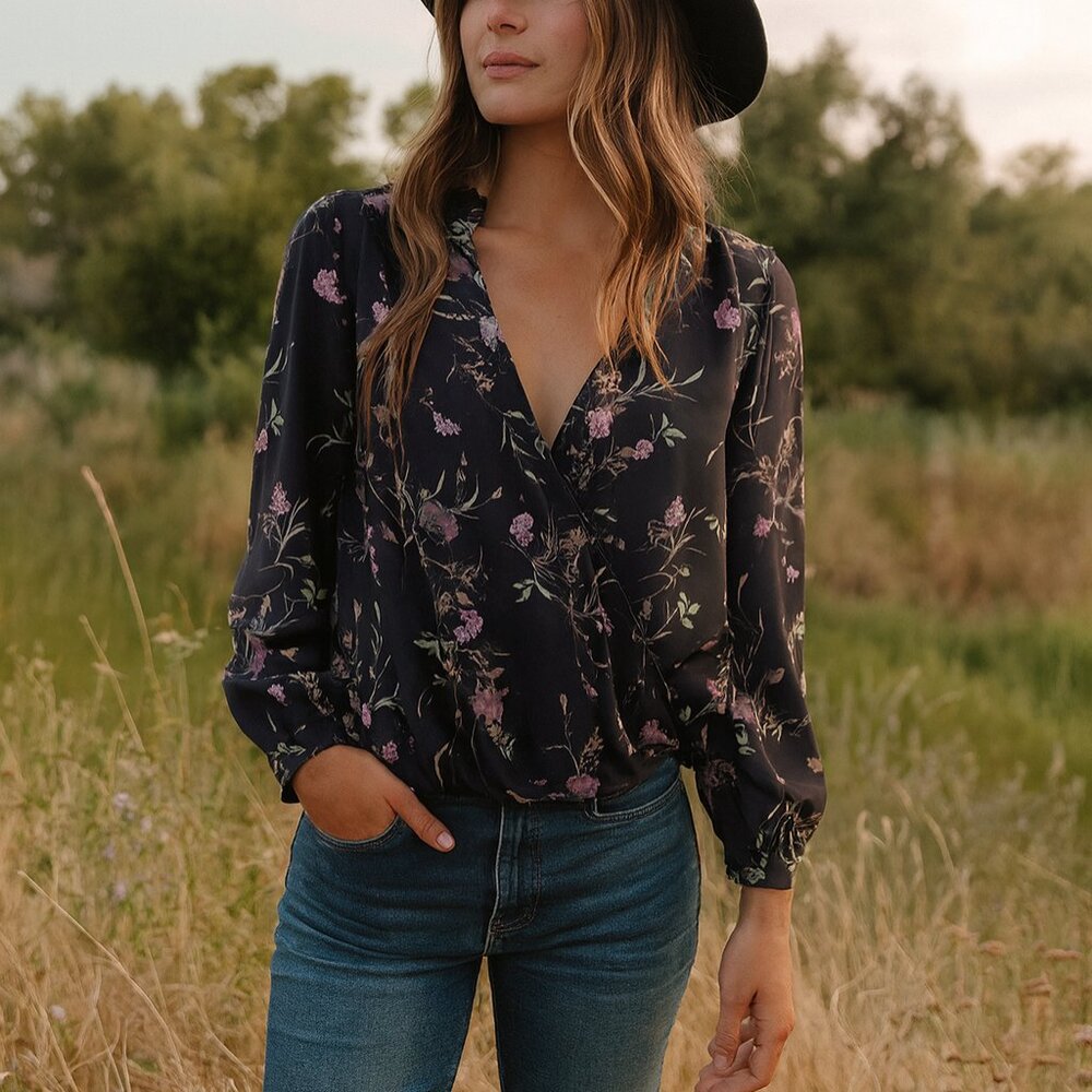 Haute Project Los Angeles Floral Print Blouse Faux Wrap V-neck size XL